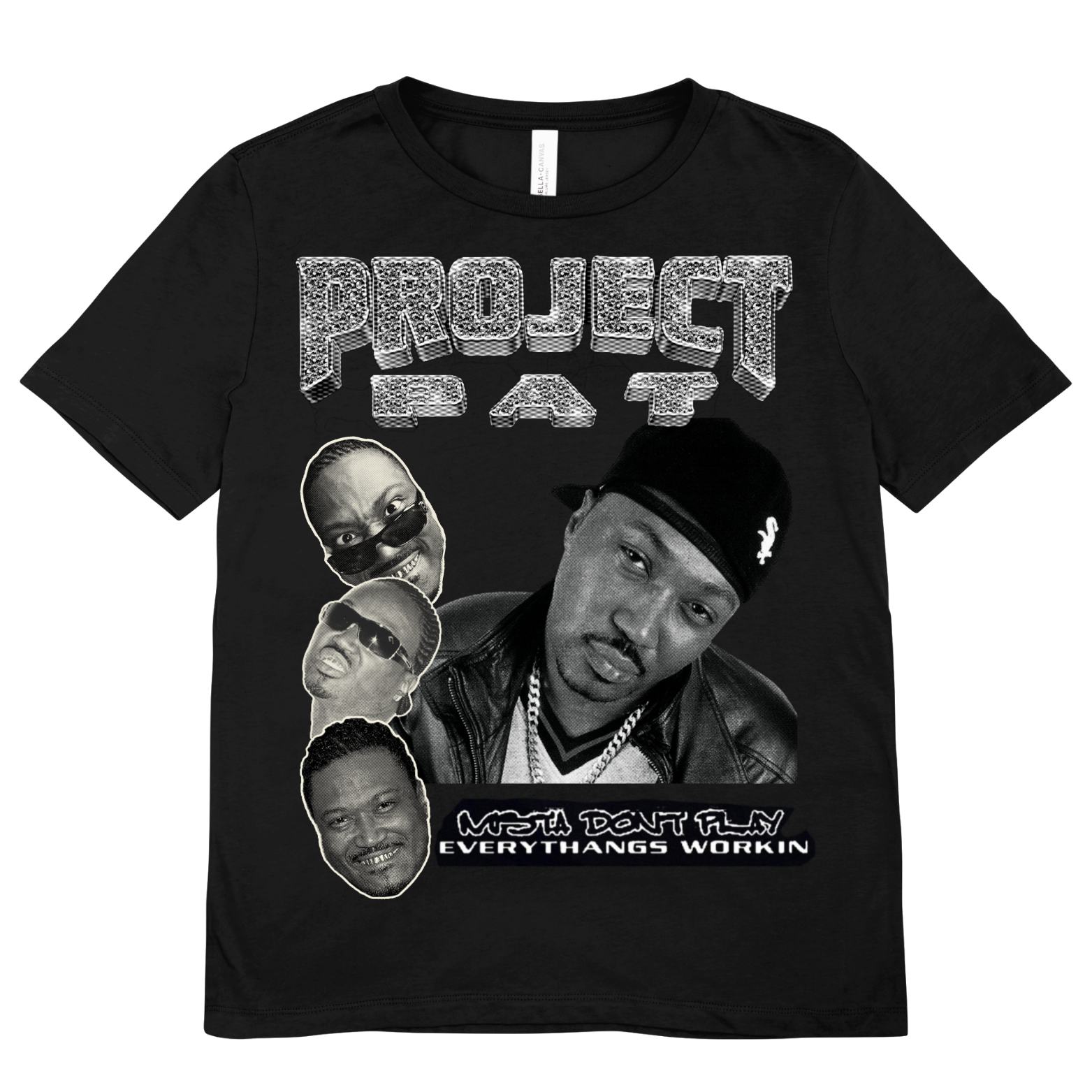 Black t-shirt with graphic design featuring faces and text on a white background with the text reading Project Pat in chrome bold lettering with shining diamonds and the phrase 'Mista Don't Play - Everythans Workin' on the bottom of the shirt besides three comical faces of Project Pat scaling up the sides adjacent to the logo.