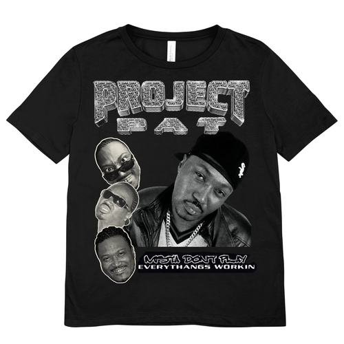 Black t-shirt with graphic design featuring faces and text on a white background with the text reading Project Pat in chrome bold lettering with shining diamonds and the phrase 'Mista Don't Play - Everythans Workin' on the bottom of the shirt besides three comical faces of Project Pat scaling up the sides adjacent to the logo.