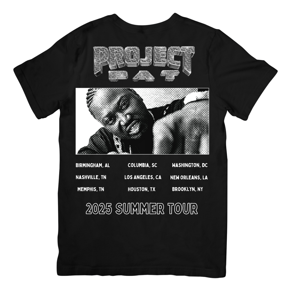 Black t-shirt with 'Project Pat' graphic and summer tour information on a white background