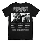 Black t-shirt with 'Project Pat' graphic and summer tour information on a white background