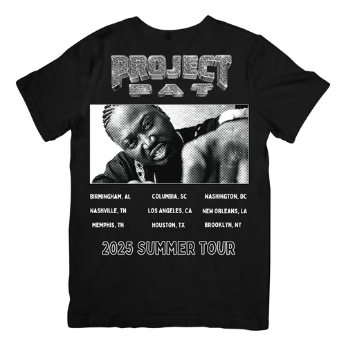 Black t-shirt with 'Project Pat' graphic and summer tour information on a white background
